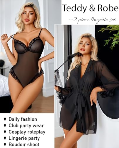 Avidlove Lingerie for Women Sexy Lace Bodysuit Robe Set 2 Piece Mesh Teddy Kimonos Sleepwear Boudoir Outfits S-XXL