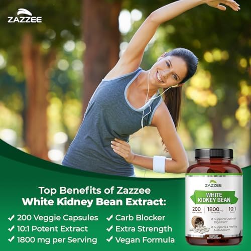 Zazzee White Kidney Bean 10:1 Extract, 1800 mg per Serving, 200 Vegan Capsules, 2+ Month Supply, Phaseolus Vulgaris, Digestive Support, 10X Strength, 100% Vegetarian, Non-GMO, Made in the USA