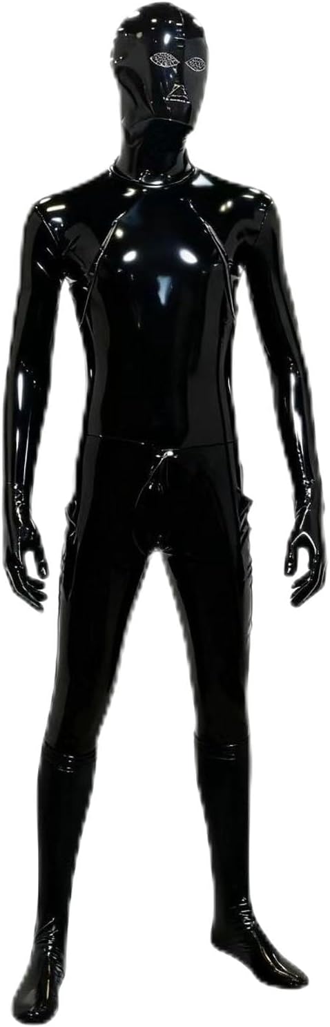 Men's Shiny Wet Look Zipper Crotch Bodysuit Stretchy Full Body Catsuit Attached Hood and Gloves