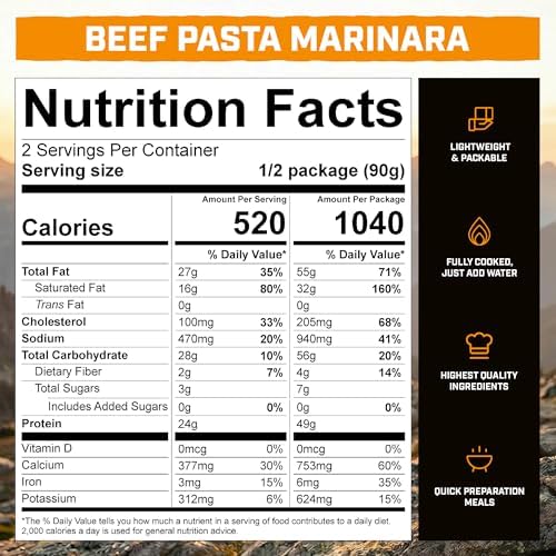 Peak Refuel Beef Pasta Marinara | 49g Protein | 1040 Calories | 100% Real Meat | Premium Freeze Dried Backpacking & Camping Food | 2 Servings | Ideal MRE Survival Meal (2 Serving Pouch)
