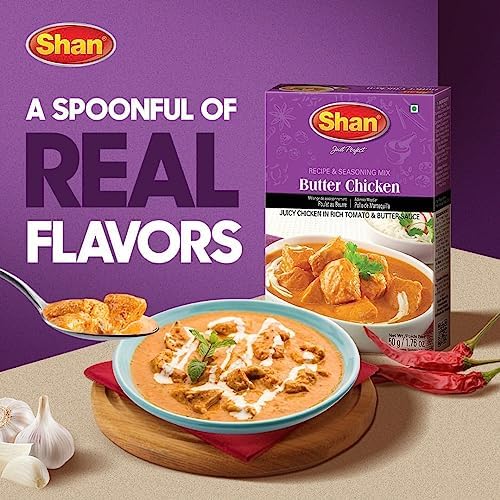 Shan Butter Chicken Recipe and Seasoning Mix 1.76 oz (50g) - Spice Powder for Juicy Chicken in Rich Tomato and Butter Sauce - Suitable for Vegetarians - Airtight Bag in a Box
