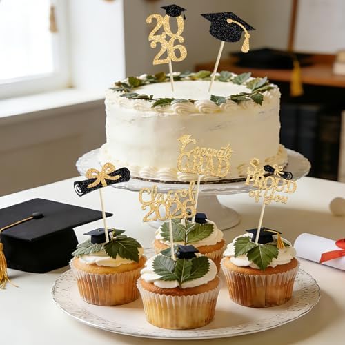 24 Pcs Graduation Cupcake Toppers 2026 - Congrats Grad Decorations Class of 2026, Pre-Assembled Black Gold Grad Cake Topper Centerpieces for Graduation Party Decoration Supplies Table Decor, 6 Styles