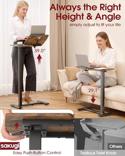 Sakugi Overbed Bedside Table with Wheels, Height Adjustable Laptop Desk, Hospital Bed Table with Tilt Top, Rolling Bed Tray for Home & Office,27.6" L x 12.9" W x 29.1"–39" H, Brown