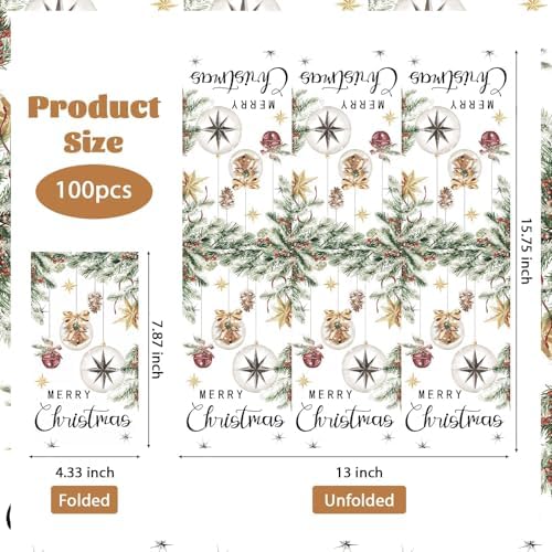 100 Pcs Christmas Paper Napkins 3 Ply Disposable Absorbent Xmas Pine Tree Lamp Hand Towels for Kitchen Bathroom Merry Christmas Winter Holiday Decoration