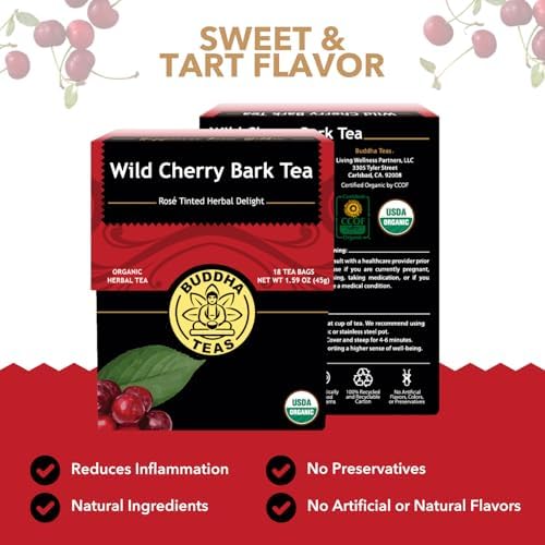 Buddha Teas - Organic Wild Cherry Bark Tea - Herbal Tea - For Health & Wellbeing - Supports Respiratory & Digestive Health - Clean Ingredients - Caffeine Free - OU Kosher - 18 Tea Bags (Pack of 1)