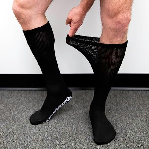 4 Pairs of Non-Skid Over-The-Calf Diabetic Cotton Socks with Non Binding Top (Black, Fits US Men's Shoe size 9-12)