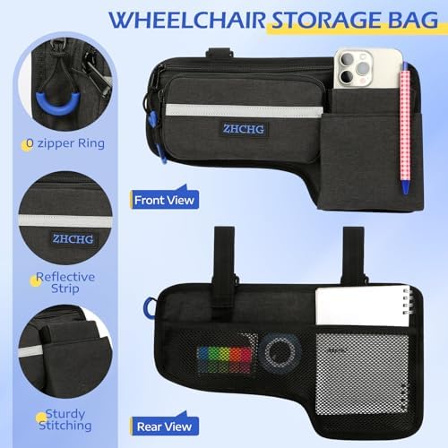 ZHCHG Upgraded Wheelchair Side Bag with Cup Holder, Wheelchair Armrest Pouch for Walker, Wheelchair Accessories Storage Bag