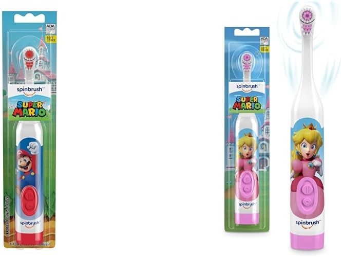 Spinbrush Super Mario Kid’s Electric Battery Toothbrush, Soft, 1 ct, Character May Vary & Princess Peach Kids Electric Battery Toothbrush, Soft, 1 ct