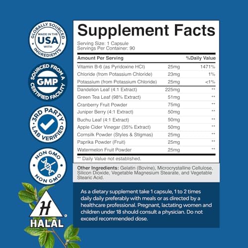 Water Away Herbal Diuretic Pills High Strength - Fluid Retention Supplement with Dandelion Leaf Extract & Green Tea for Bloating Relief for Women & Men - Capsules for Leg & Feet Swelling - 90 Count