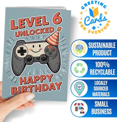 Happy 6th Birthday Card for Boy - Cool 6 Year Old Birthday Card for Son, Grandson, Nephew - Cute Gamer Level 6 Bday Cards for Kids - Age 6 Video Game Themed Greeting Cards for Boys, Gamers - NUM 302