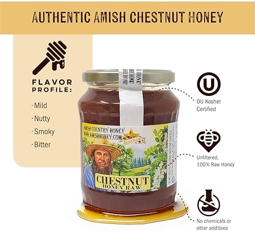 Goshen Amish Country Extremely Raw Chestnut Honey - Unfiltered, Unprocessed, Pure & Natural - Harvested in the USA - Rich Flavor for Tea, Cooking, Wellbeing - Kosher Certified - 32oz Glass Jar