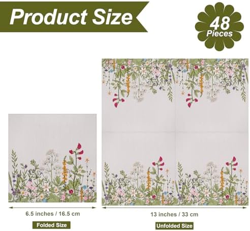 Aodaer 48 Pieces Disposable Fall Paper Napkins, Decoupage Napkins, 13" x 13" Unfolded Garden Party Napkin, Cocktail Dinner Napkin Set for Wedding Birthday Tea Party Supplies