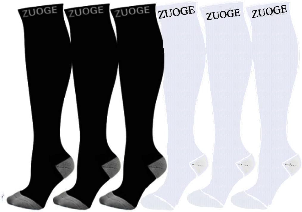 zuoge 6 Pairs Compression Socks Pack - Best Medical, Nursing, Travel & Flight Socks - Running & Fitness - 15-20mmHg