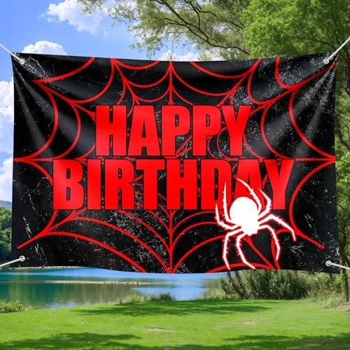 Black Red Spider Web Happy Birthday Backdrop - Gothic Web Pattern Photo Banner for Boys Birthday Party, Dark Theme Celebration, Spooky Baby Shower, Dramatic Photography Background 72x43 Inch