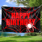 Black Red Spider Web Happy Birthday Backdrop - Gothic Web Pattern Photo Banner for Boys Birthday Party, Dark Theme Celebration, Spooky Baby Shower, Dramatic Photography Background 72x43 Inch