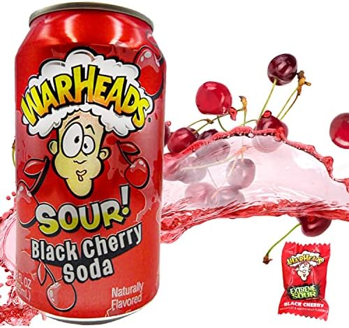 Snack Hut Warheads Sour Soda Pop Variety Pack, Five - 12 oz. Cans Warheads Extreme Sour Candy - Blue Raspberry, Black Cherry, Lemon, Green Apple, Watermelon and 5 Pieces of War Heads Candy