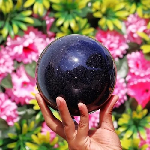 Blue Goldstone Gemstone Sphere Synthetic Crystal Ball with Wood Stand Chakra Healing Crystal Reiki Crafts Living Room Office Home Decor,5~5.5cm