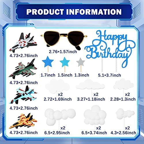 Deekin 24 Pack Airplane Cake Topper Air Force Happy Birthday Cake Decoration with Fighter Mini Sunglasses Blue Insert Signs Cloud Decorations for Airplane Theme Birthday Party Decor Supplies