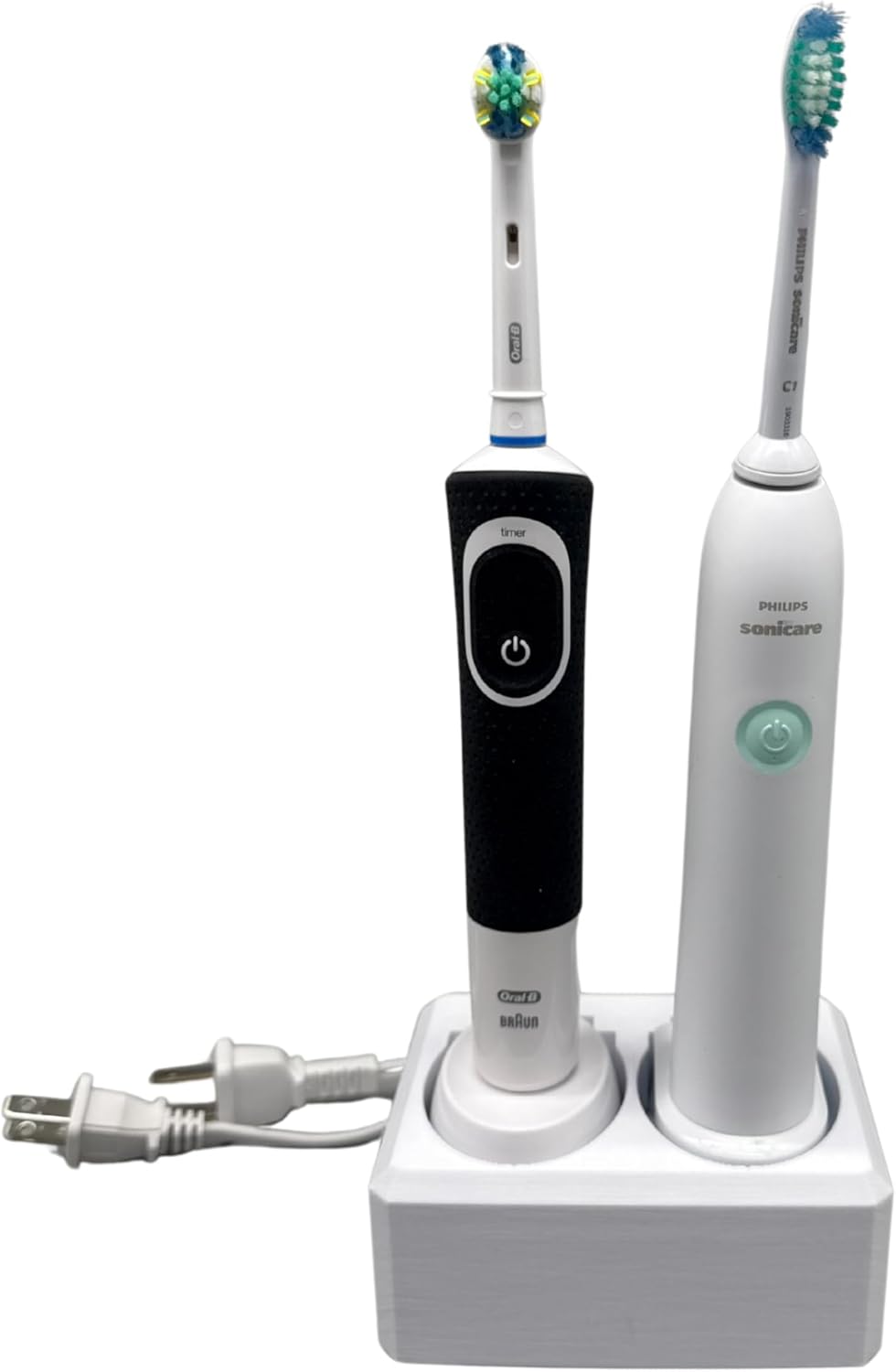 2 Slot Family Electric Toothbrush Charger Holder and Bathroom Organizer, Compatible with Both OralB and Philips Sonicare Tooth Brush, Countertop Stand or Wall-Mounted, White (2 Openings)