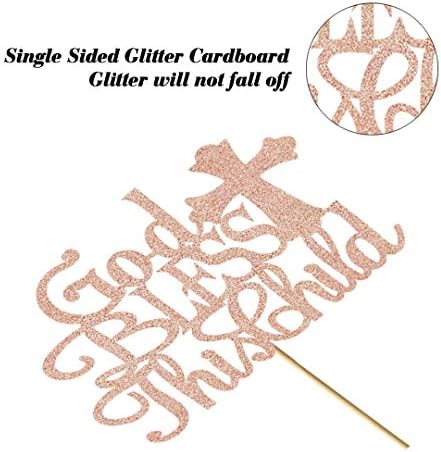 God Bless this Children Cake Topper, Rose Gold Glitter Baptism Cake Toppers for Girl Boy Christening, First Communion Baby Shower - Handmade (6.7'' x 4.8'')
