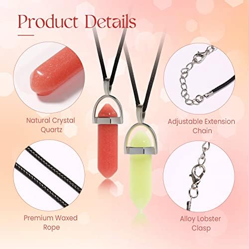 TXIN Glow in the Dark Crystal Pendant Necklaces, Luminous Natural Quartz Stone, Fluorescent Hexagonal Stone, Glowing Moonstone with Black Leather Chain, 10 Colors