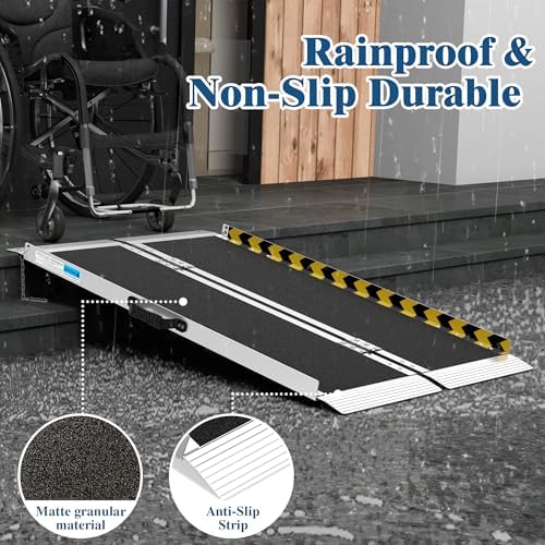 Portable Wheelchair Ramp 4FT, Non-Slip Aluminum Folding Handicap Ramp for Home Steps, 600LBS Capacity Threshold Ramp for Doorways, Stairs, Scooters