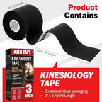 AZEN 3 Rolls Kinesiology Tape, 16.4 ft Waterproof Kinetic Tape for Joints Support and Muscle Pain Relief, Uncut Muscle Tape, Knee Tape, Athletic Tape - Black