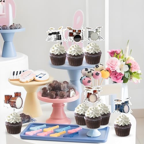 24Pcs Drum Theme Cupcake Toppers, Drum Set Rock N Roll Musical Cupcake Picks Favors Decor, Drummer Birthday Baby Shower Pop Music Party Decorations Supplies