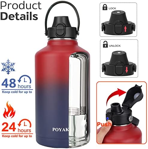 Water Bottle Insulated 32oz 40oz 64oz 128oz Straw Lid Spout Lid & 3 Lids, Leak Proof, Vacuum Insulated,Stainless Steel Water Bottle Wide Mouth for Sports, Gym or Office
