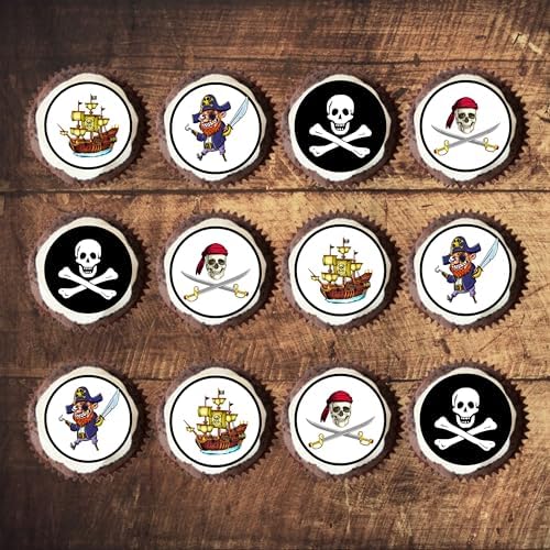 Pirate Edible Cupcake Toppers, Treasure Theme Edible Cake Decorations, Pirate Party Decorations for Cake Decorating, Pirates-Treasure Cookie Toppers for Birthdays PRECUT 24 x 4cm / 1.5 inch