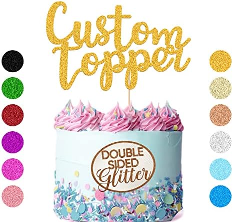 EDSG Custom Cake Topper, Personalized Double Sided Glitter Cake Topper with Any Text Numbers, 11 Colours for Birthday Wedding Anniversary Graduation Baby Shower (Gold)