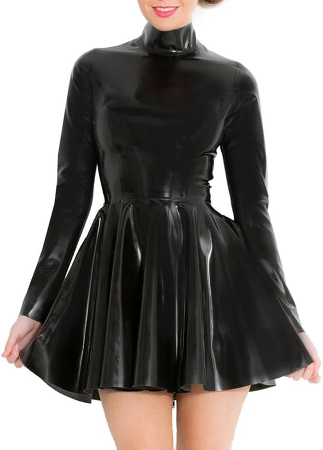 Black Latex Dress for Women,High Collar Rubber Skirts with Back Zipper for Novelty Latex Club Wear