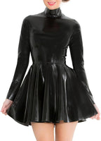 Black Latex Dress for Women,High Collar Rubber Skirts with Back Zipper for Novelty Latex Club Wear