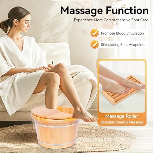 Foot Basin Wooden Foot Bath Bucket, Solid Cedar Wood Foot Tub with Massage Roller & Cover Plate, Good Heat Preservation, Thicken Feet Relax Pedicure Bowl Spa Barrel Kit for Washing Soak Massage Sauna