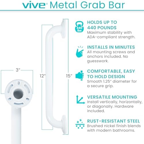 Vive Grab Bar for Showers - Bathroom Antislip Handrail for Seniors, Elderly Assistance Product, Heavy Duty Shower Handles, Handicap Grab Bars, Stainless Steel, Multipurpose, 440 lbs (White)