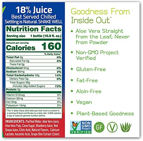 ALO Aloe Vera Juice Drink | BLUE - Aloe Vera + Blueberry | 16.9 fl oz, Pack of 12 | Plant-Based Drink with Real Aloe Pulp