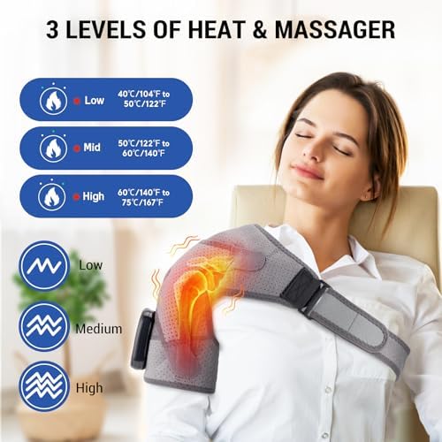 Heated Shoulder Wrap with Massage, Shoulder Heating Pad for Rotator Cuff Frozen Shoulder, Cordless Shoulder Heating Pads Shoulder Massager with Heat