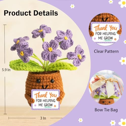 Emotional Support Plant Crochet Flower Gift, Purple Forget-Me-Not Handmade Desk Decor with Card "Thank You for Helping Me Grow" Apperciated Inspirational Gift for Coworker Employee Teacher Friend Mom
