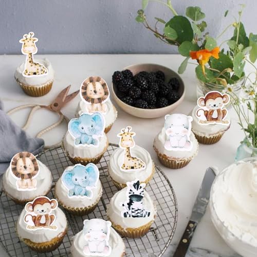 60 PCS Edible Jungle Animals Cupcake Toppers Lion Monkey Zebra Hippo Giraffe Elephant Forest Theme Cupcake Picks for Safari Animals Theme Baby Shower Kids Birthday Party Cake Decorations Supplies