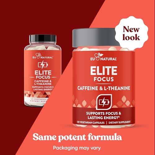 Eu Natural Elite Caffeine Pills with L-Theanine - 100mg Caffeine + 200mg L-Theanine - Jitter-Free Focused Energy & Clean Nootropic Stack - 120 Soft Capsules