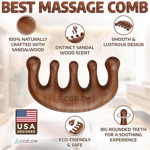 Cozlow Head Scalp Comb - Premium Wooden Massage Comb for Neck & Shoulder - Natural Sandalwood Massager for Soft & Smooth Hair - Wood Therapy Massage Tool for Stress Relief & Muscle Relaxation