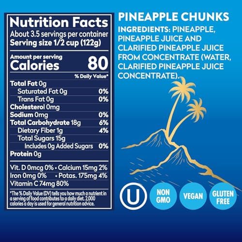 Dole Canned Fruit, Tropical Gold Pineapple Chunks in 100% Pineapple Juice, Gluten Free, Pantry Staples, No Sugar Added, 15.25 Oz