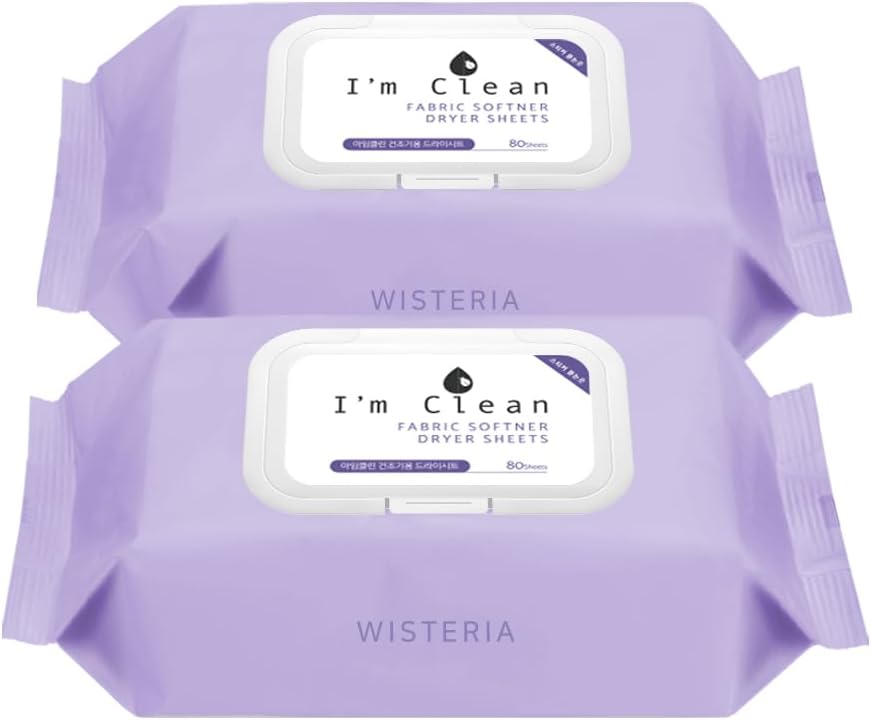 I'm Clean Laundry Dryer Sheets, 160 Sheets Total (80ct x 2), Elegant Wisteria Scent, Moist Fabric Softener Sheets for Deodorization & Static Control