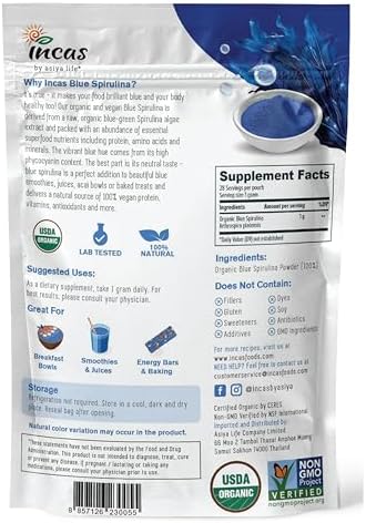 USDA Organic Blue Spirulina Powder (Phycocyanin Extract), No Fishy Smell, 100% Vegan Protein from Blue-Green Algae, 28 Servings, Natural Food Coloring for Smoothies, Baking & Drinks (1 Ounce)