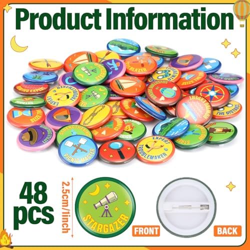 48 Pcs Spring Camping Party Favors 1 Inch Scout Camping Pins Bulk Adventure Hiking Style Pin Outdoor Theme Decor for DIY Costume Backpack Scout Event Adventure Birthday Supplies