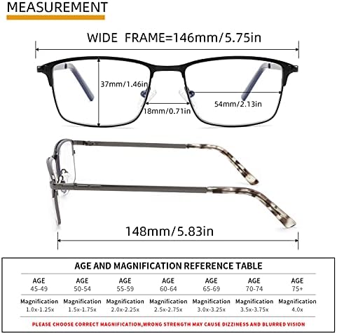 3-Pack Reading Glasses for Men Blue Light Blocking Metal Full Wide Frame Computer Readers