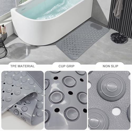Bath Tub Shower Mat, 27x14 inch Non Slip Bathtub Mat with Suction Cups, Anti Slip Shower Mat with Drain Holes Suction Cups,Shower Foot Scrubber Mat, Foot Massage Bath Mat (Grey)