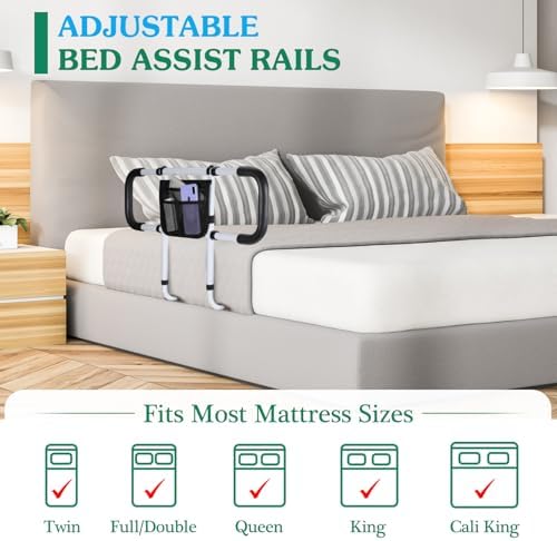 Bed Rails for Elderly Adults Safety - Extended Bed Assist Rail for Seniors - Adjustable Beds Side Rails Handle Support Bar Bed Guard with Storage Bag & Fixing Strap, Fit King Queen Full Twin Beds