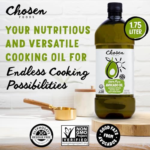 Chosen Foods 100% Pure Avocado Oil for Cooking - 1.75L - Made With Good Fats from Avocados, Naturally Refined, Never Adulterated, High Smoke Point, Non-GMO, Soy-Free, Canola Oil-Free, Gluten-Free, Keto