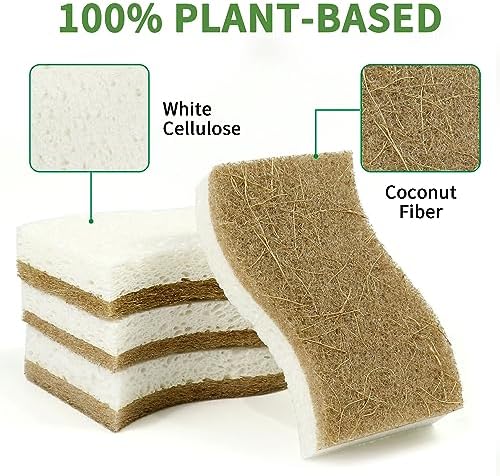 9 Pack Biodegradable Natural Kitchen Sponge - Compostable Cellulose and Coconut Walnut Scrubber Sponge - Eco Friendly Sustainable Sponges for Dishes